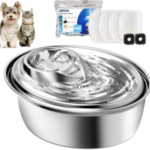 ORSDA Cat Water Fountain Stainless Steel, 3L Automatic Pet Drinking Fountain for Cats Inside, Dog Water Dispenser with Adjustable Water Flow and 6 Replacement Filters for Cats, Dogs (D60)