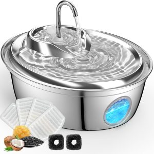 ORSDA Cat Water Fountain Stainless Steel, Cat Fountains for Drinking, 67oz/2L Automatic Pet Fountain Water Dispenser with Water Level Window for Cats and Small Dogs - 3 Filters +1 Pump Sponges