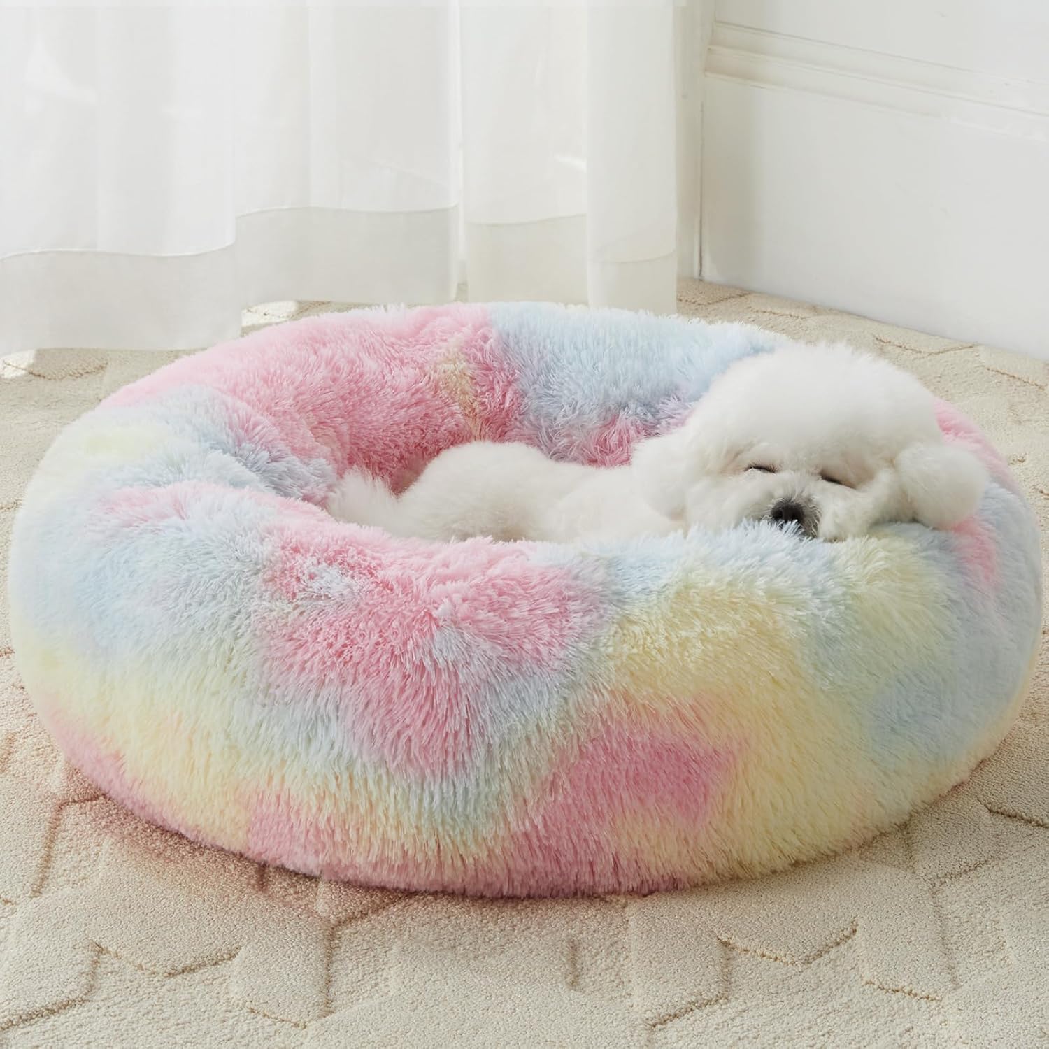WNPETHOME Round Calming Medium Dog Bed Cat Bed for Comfy Sleeping, Cute Washable Puppy Bed with Fluffy Plush, Faux Fur Anti Anxiety Pet Bed Donut Cuddler (27 x 27 x 8 Inch, Rainbow) - Image 3