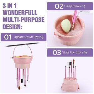 GOLIKEE Makeup Brush Cleaner Mat 3 in 1 Silicone Makeup Brush Cleaner Bowl Cosmetic Brushes Cleaning Tool Organizer for Storage and Air Drying (Pink)