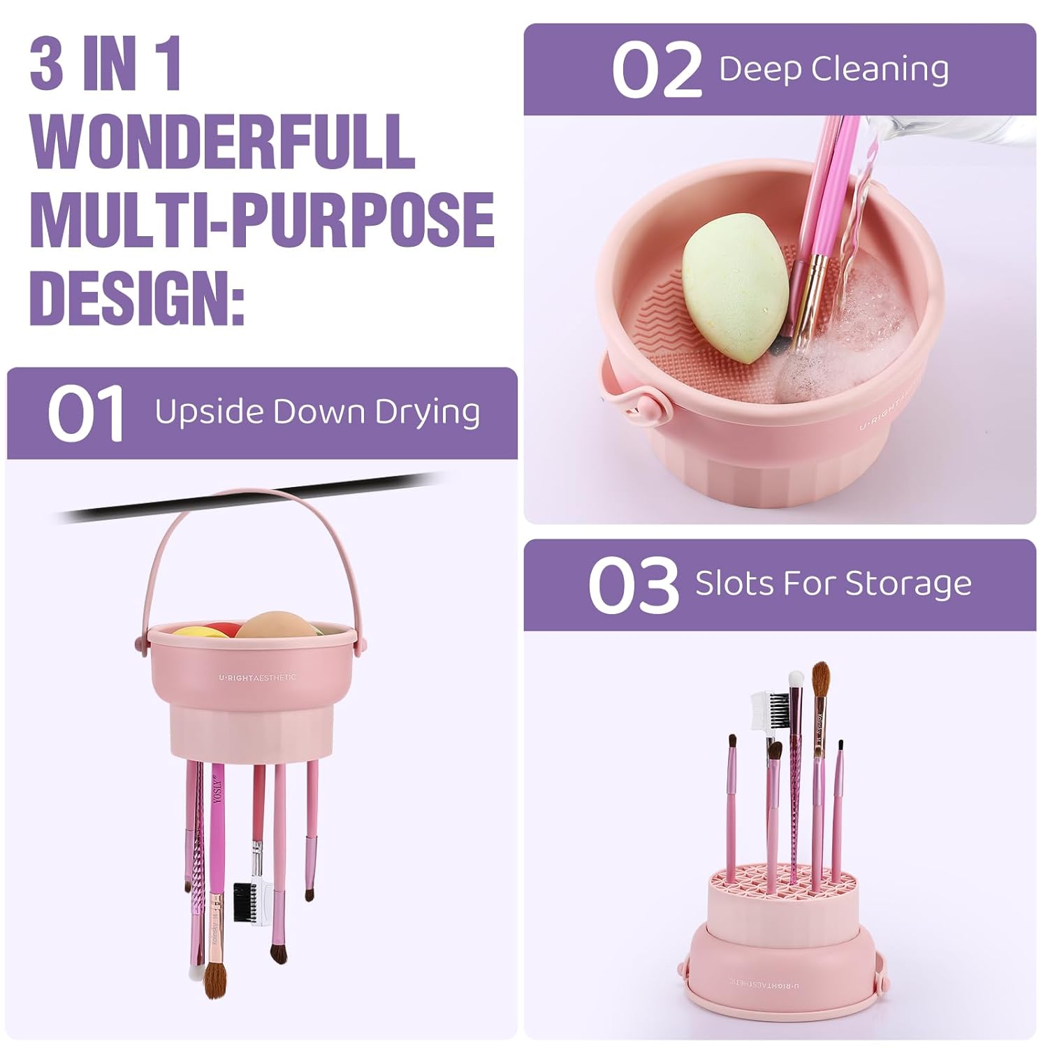 GOLIKEE Makeup Brush Cleaner Mat 3 in 1 Silicone Makeup Brush Cleaner Bowl Cosmetic Brushes Cleaning Tool Organizer for Storage and Air Drying (Pink)