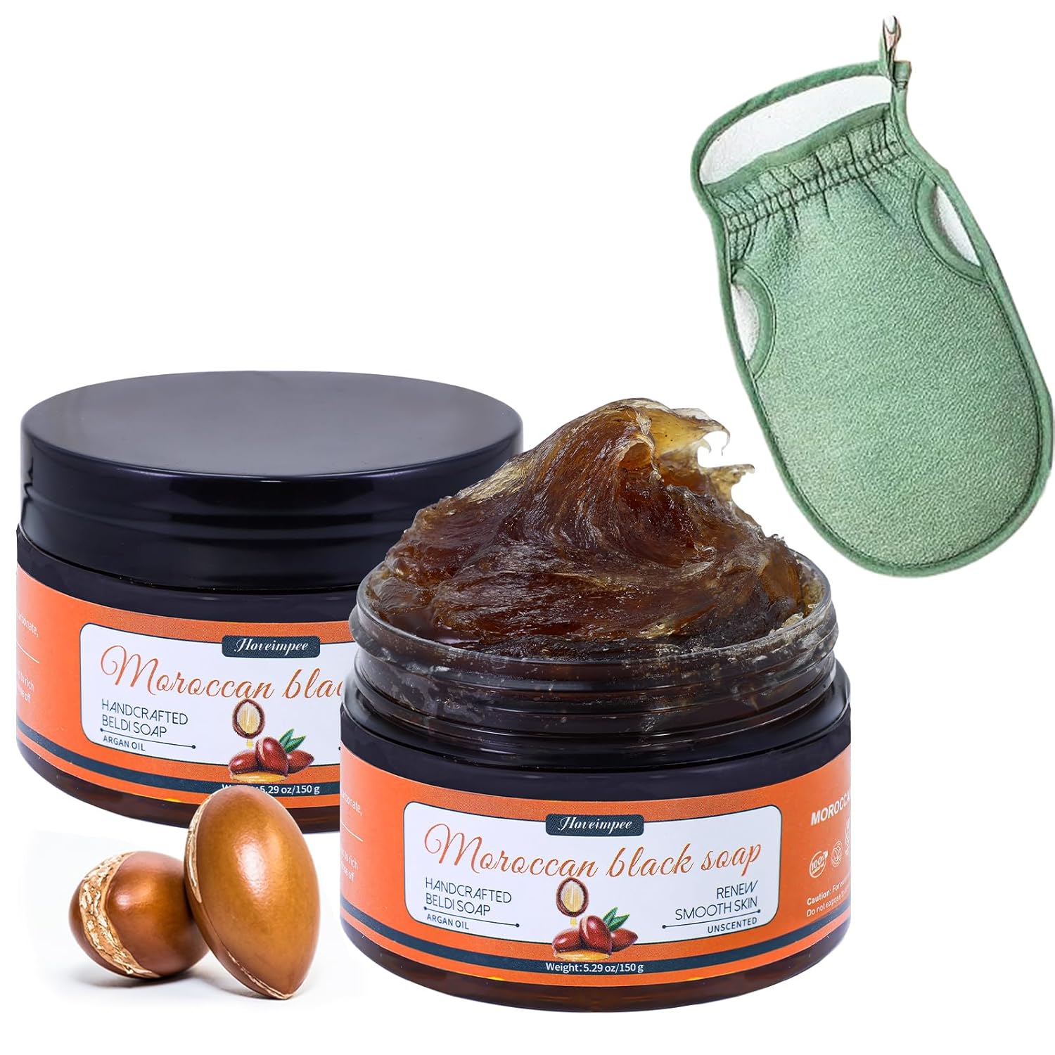 2 Pack Organic Moroccan Black Soap Soften Skin, Moisturizing Beldi Soap with Argan Oil and Vitamin C Even Tone, Moroccan Hammam Kit, Fragrance Free, 5.29 oz/150 g - Image 3