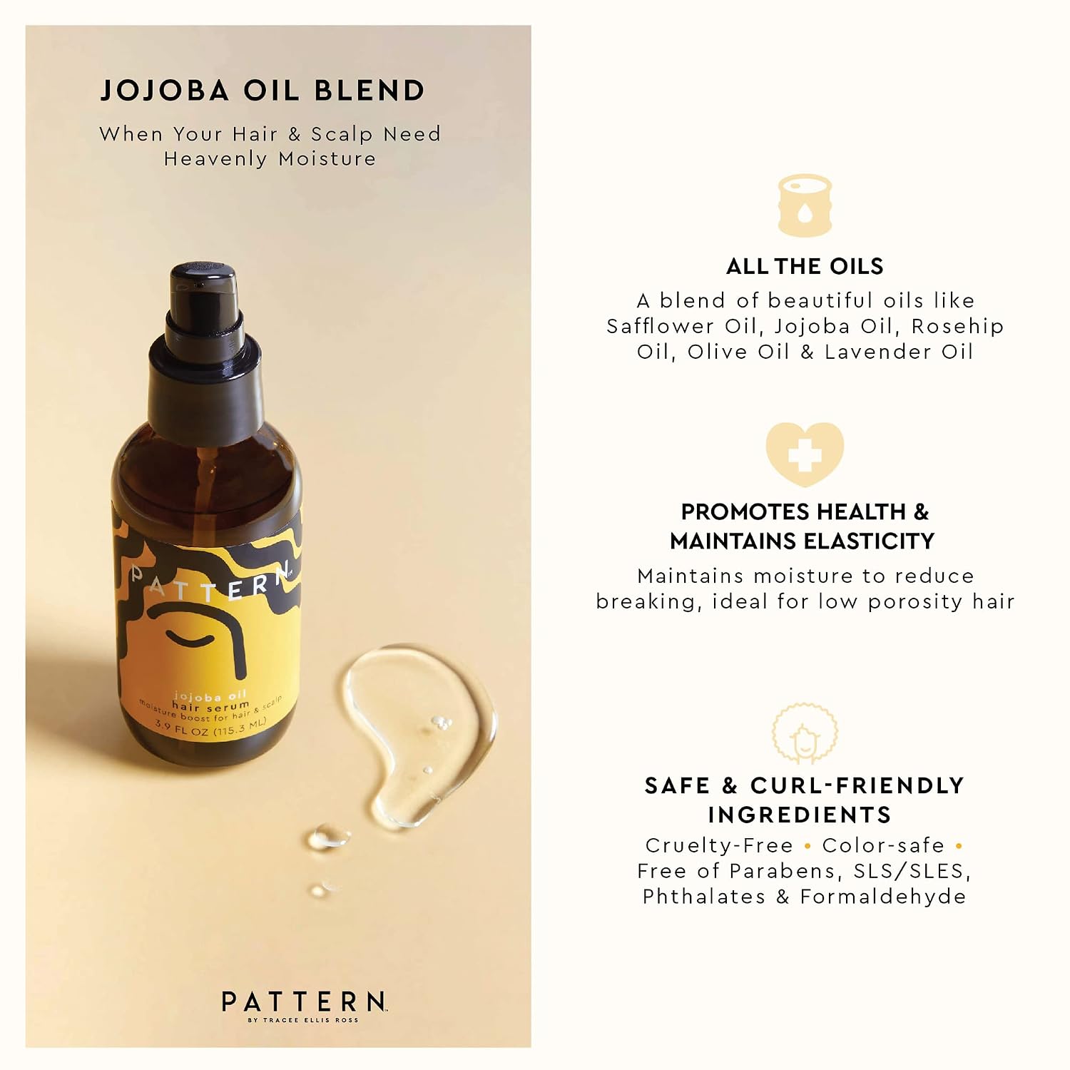 PATTERN Beauty by Tracee Ellis Ross Jojoba Hair Serum, 3.9 Fl Oz, Safflower, Jojoba, Rosehip, Olive & Lavender Oils, Lightweight Moisture Boost for Hair and Scalp - Image 3