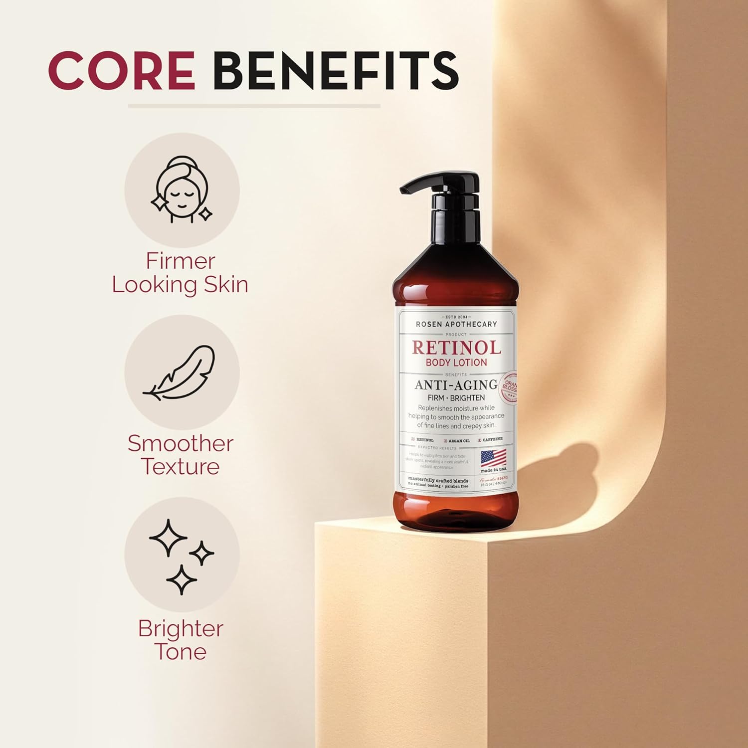 Rosen Apothecary Anti-Aging Retinol Body Lotion for Crepey Skin, Caffeine Firms & Tightens Aging Skin, Boosts Collagen, Restores Youthful Glow, 480ml - Image 3