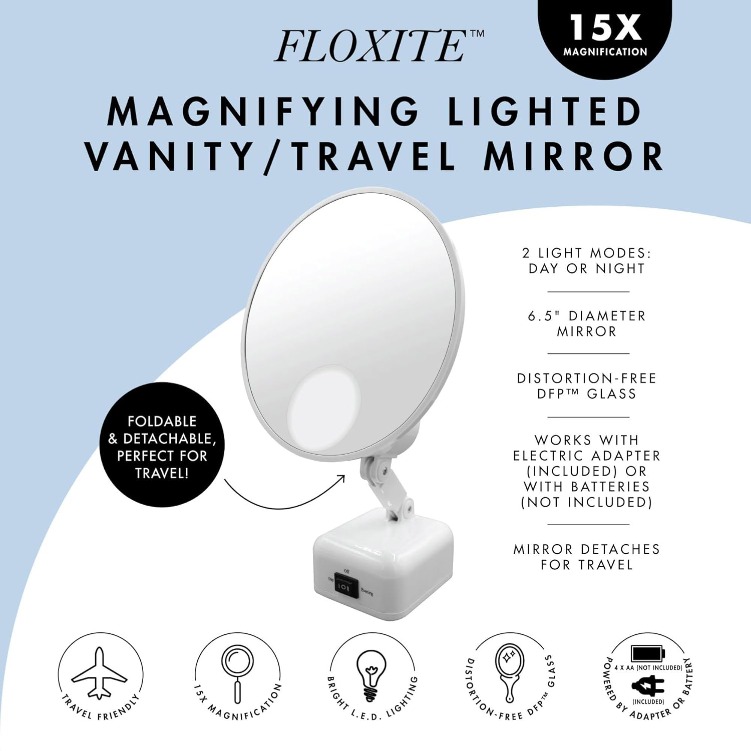 Floxite FL-615-2 15X magnifying mirror with light, Lighted travel makeup mirror with light and magnification, Round, LED, Tabletop, Portable vanity mirror for desk bathroom, electric plug in, personal - Image 3