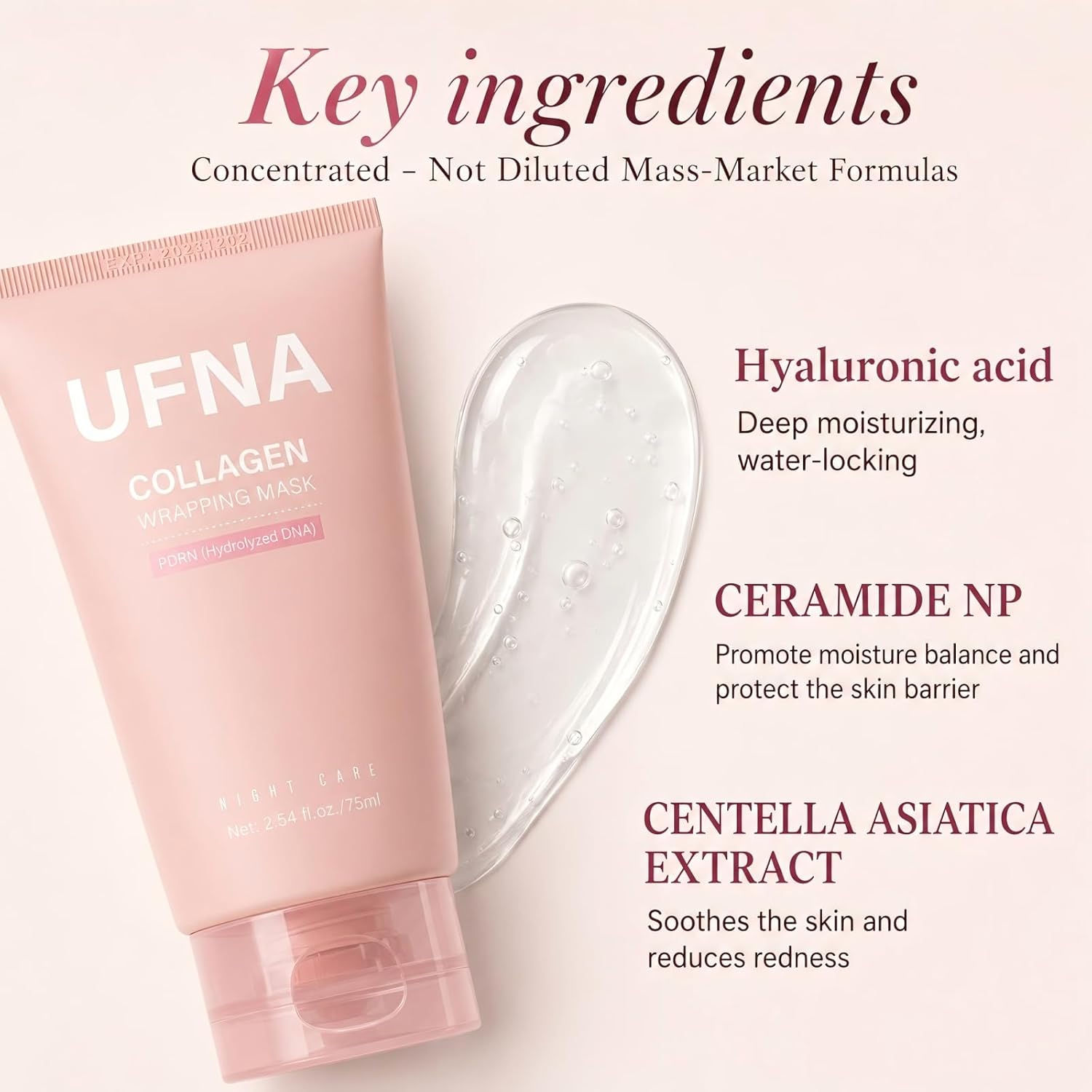 Collagen Face Mask - Overnight Wrapping Mask - Facial Firming, Elasticity & Hydration - Hydrolyzed Sodium + Panthenol +Niacinamide for Reduce Dullness & Promote Smoother Skin Texture - 75ml - Image 2