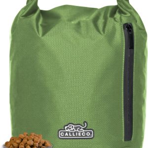 Callieco Dog Food Travel Bag w/ 1 Cup Scoop and Zipper Side Pocket | Waterproof Kibble Storage Container for Home, Road Trips, Camping, Boarding and More (Green, 32 Cups)