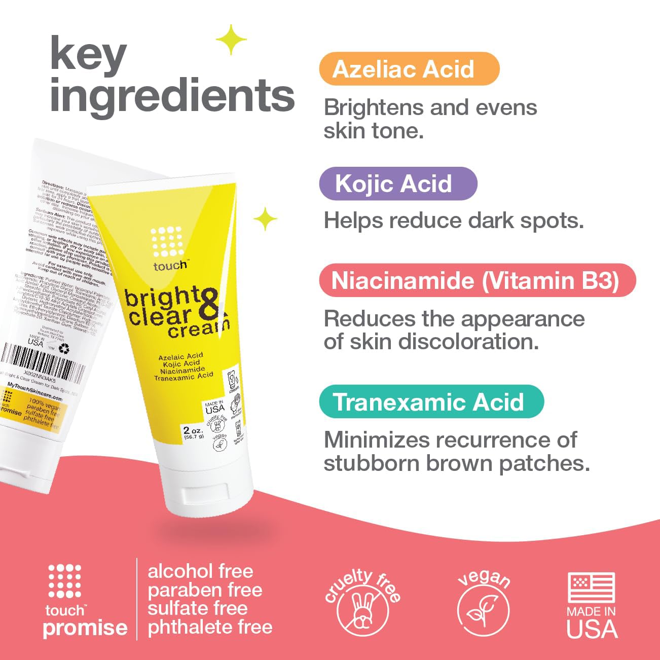 TOUCH Radiance Cream with Niacinamide, Kojic Acid, Tranexamic Acid & Azelaic Acid – Brightening Face Cream for Uneven Skin Tone – 2 oz - Image 2