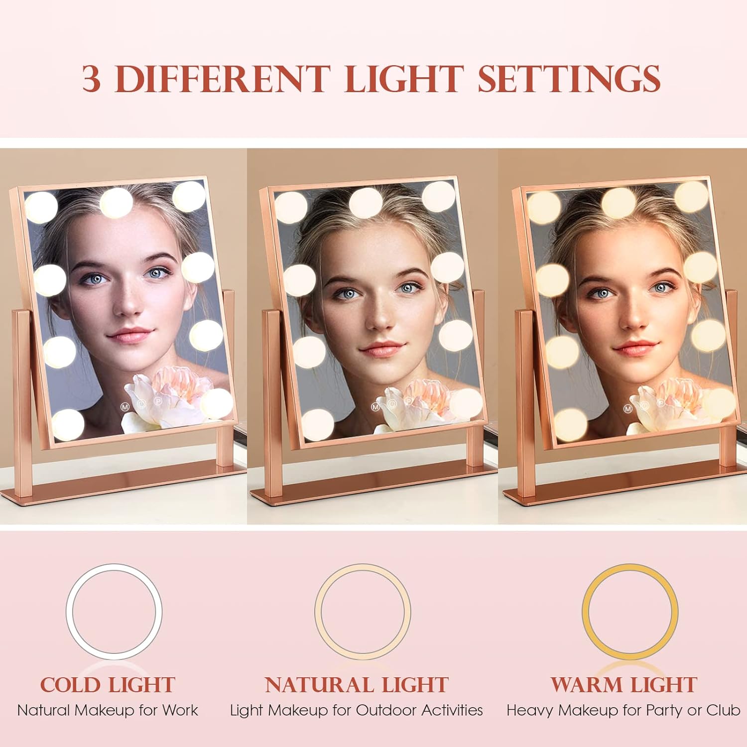 BWLLNI Makeup Mirror with Lights, Hollywood Mirror Lighted Vanity Mirror with 9 LED Bulbs, Touch Control Design 3 Colors Dimmable Bulbs Detachable 10X Magnification 360°Rotation(Rose Pink) - Image 3