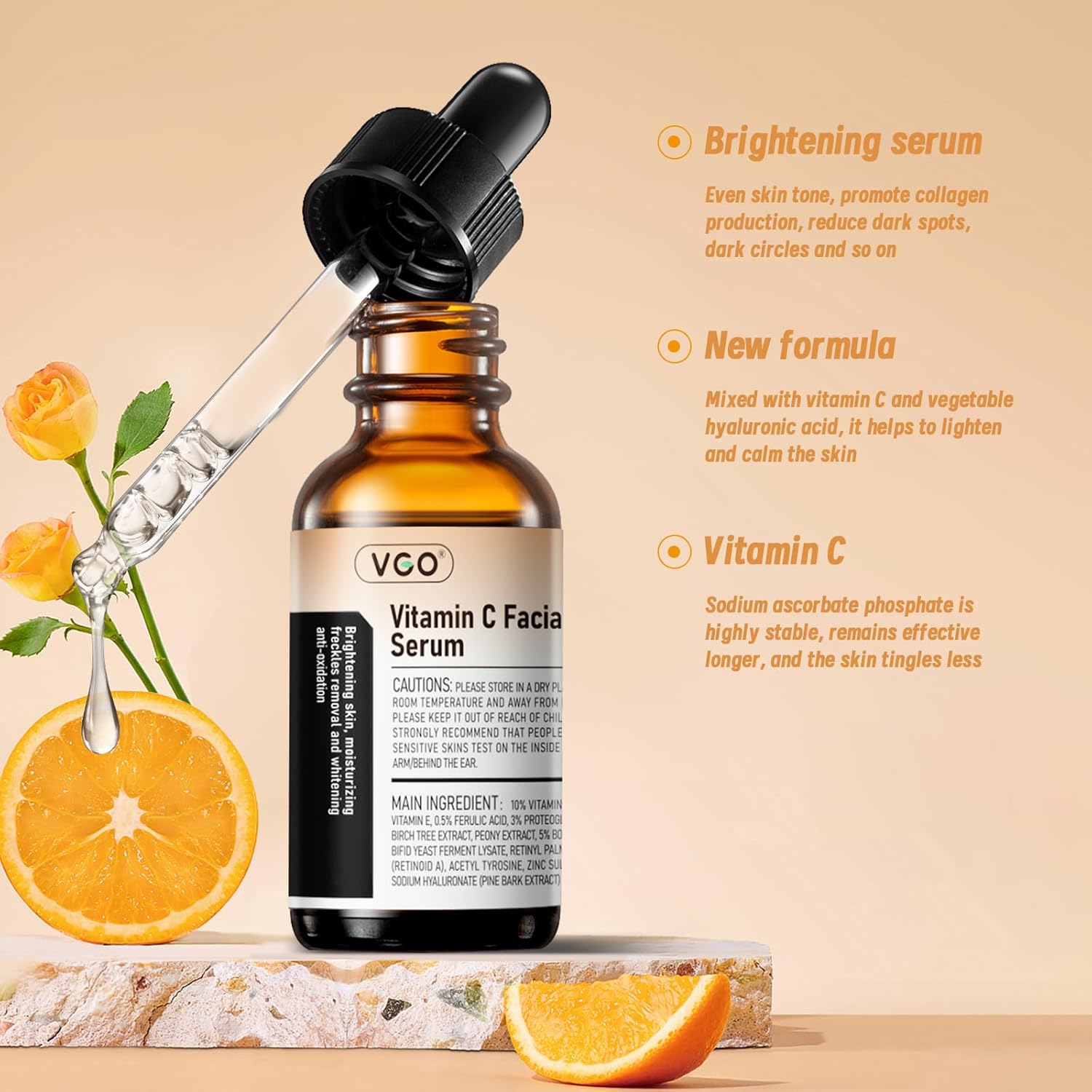 VGO Vitamin C Serum for Face, Vit C Anti Aging Serum with Hyaluronic Acid & Vitamina E, Deep Hydration Facial Care for All Skin Types, 2.02oz / 60ml - Image 2