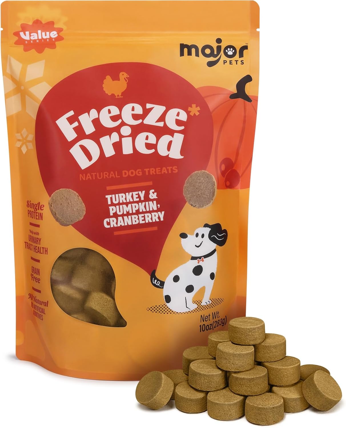 MAJOR PETS Freeze Dried Turkey Dog Treats with Pumpkin & Cranberry, Limited Ingredient High Protein Snacks for Digestive & Urinary Health, Grain Free, Training Reward & Meal Topper, Made in USA, 10oz