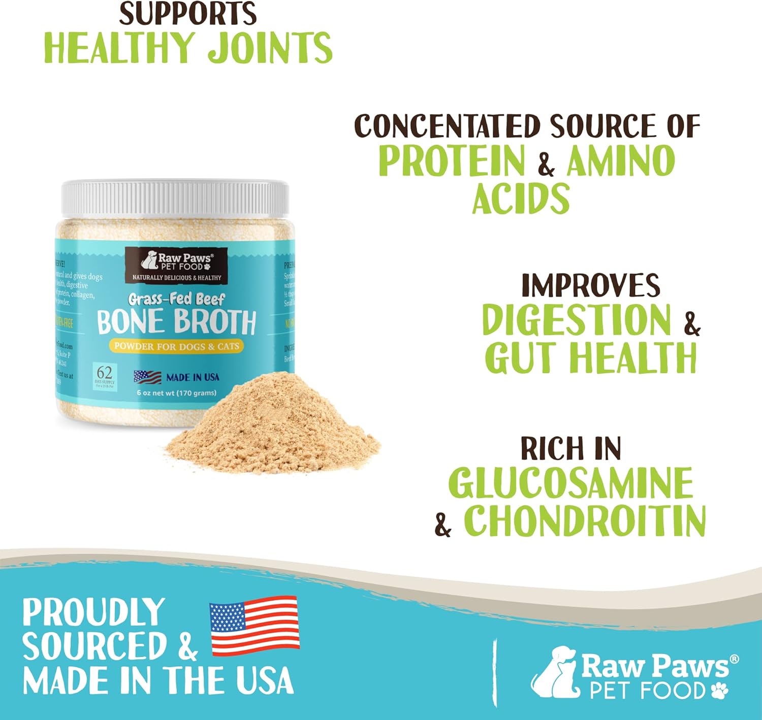 Raw Paws Beef Bone Broth for Dogs & Cats, 6-oz - Powdered | Made in USA - Dog Bone Broth Powder - Bone Broth for Cats - Mix with Water Cat Broths for Indoor Cats - Dog Protein Powder - Image 3