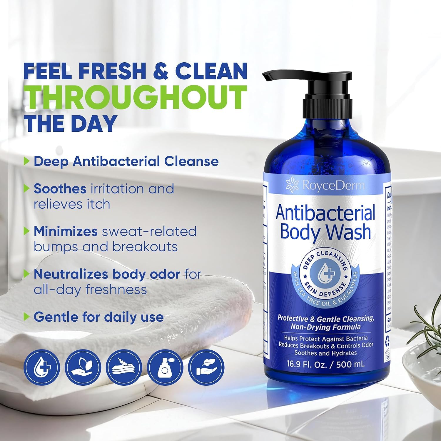 Roycederm Antibacterial Body Wash & Soap – Kills 99.9% of Germs & Bacteria – For Body Acne, Folliculitis & Odor Control – Gentle Daily Use for Men & Women (16.9 Fl Oz (Pack of 2)) - Image 3