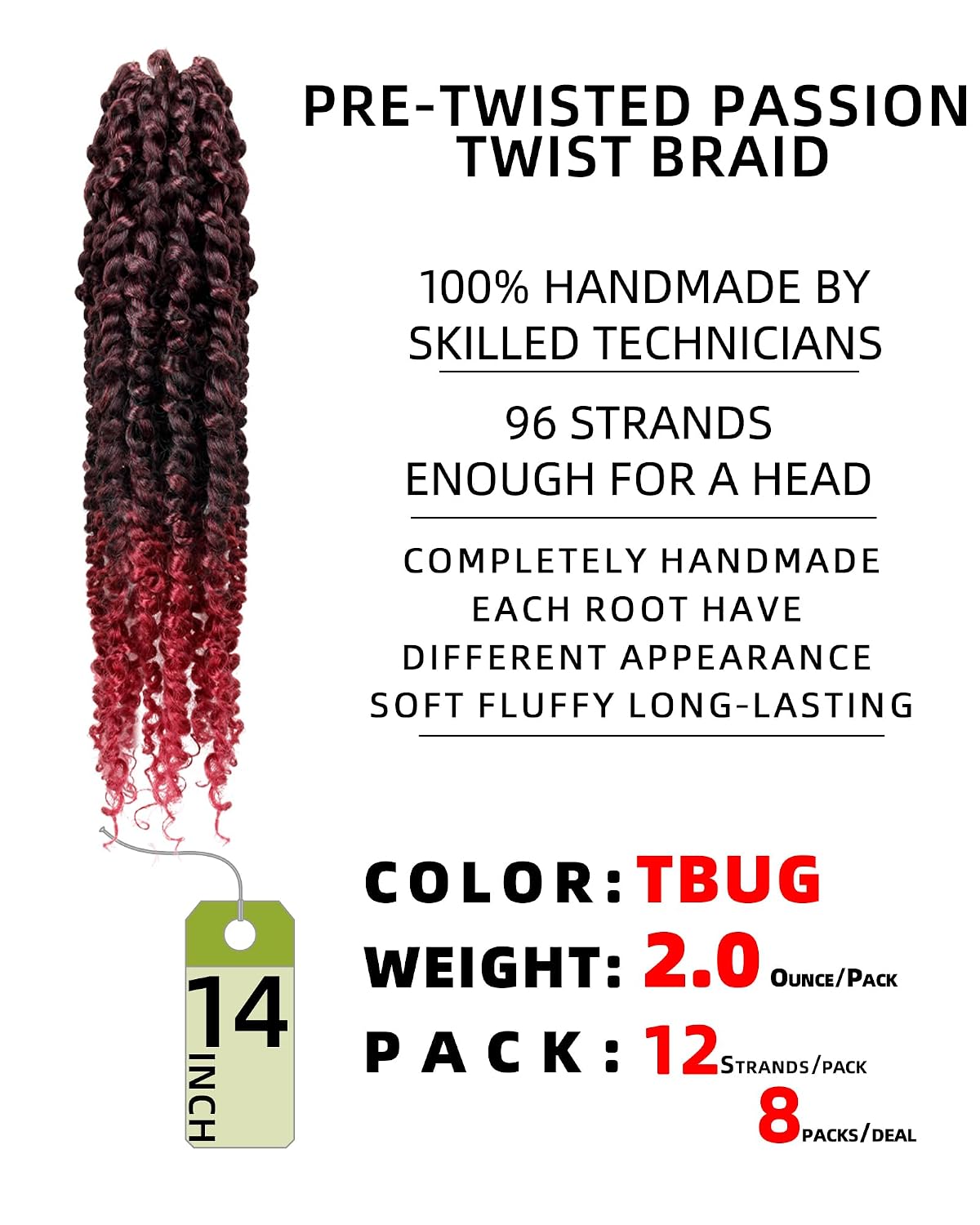 14 Inches 8 Packs Passion Twist Crochet Hair-Ombre Burgundy Pre-twisted Passion Twists,Pre-Looped Crochet Braids Made Of Bohemian Hair Synthetic Braiding Hair Extensions (14 Inch(Pack of 8), TBUG) - Image 3
