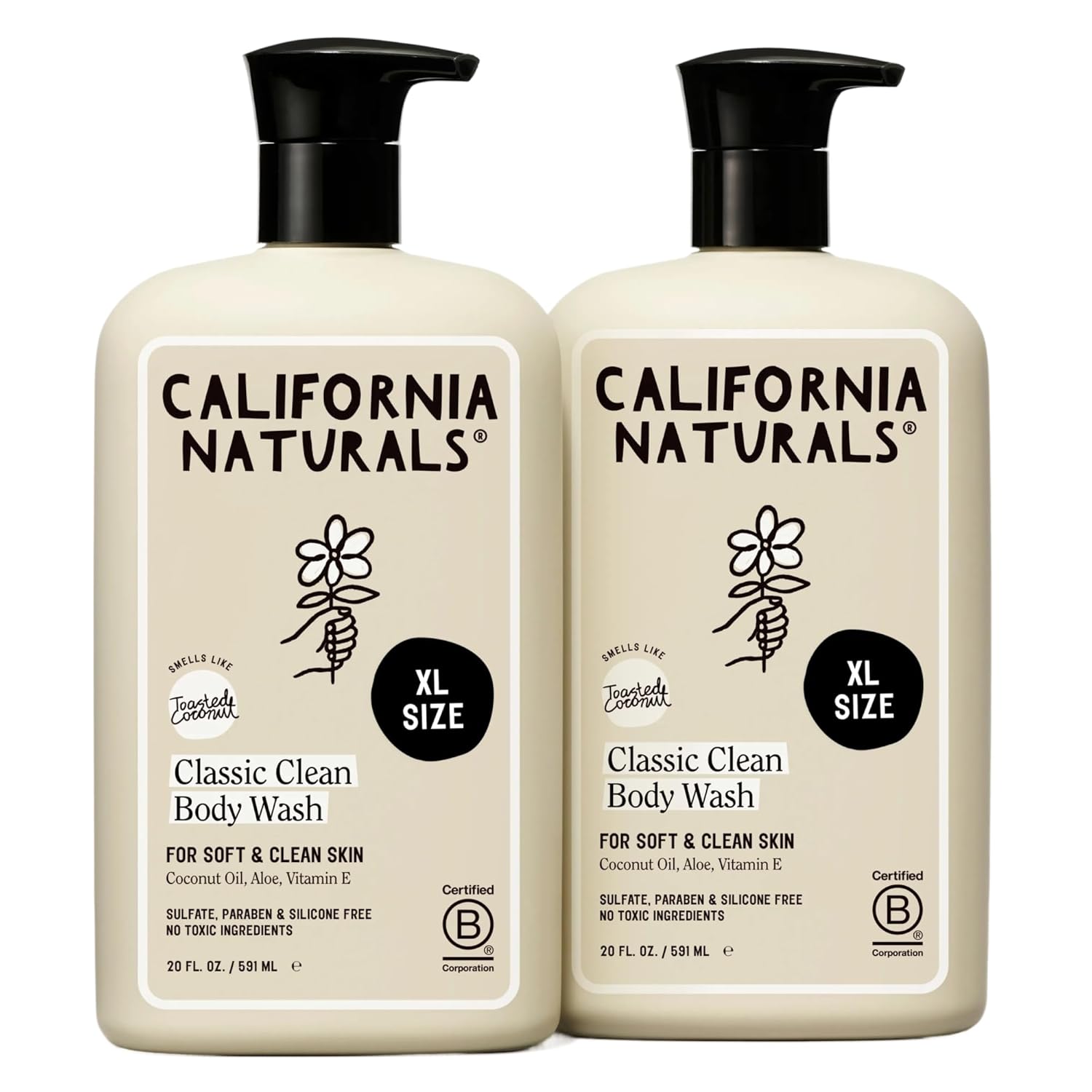 California Naturals Classic Clean Toasted Coconut Body Wash 2-Pack, Coconut Oil, Shea Butter & Aloe, Naturally Scented, Sulfate, Paraben & Silicone Free, 20 oz