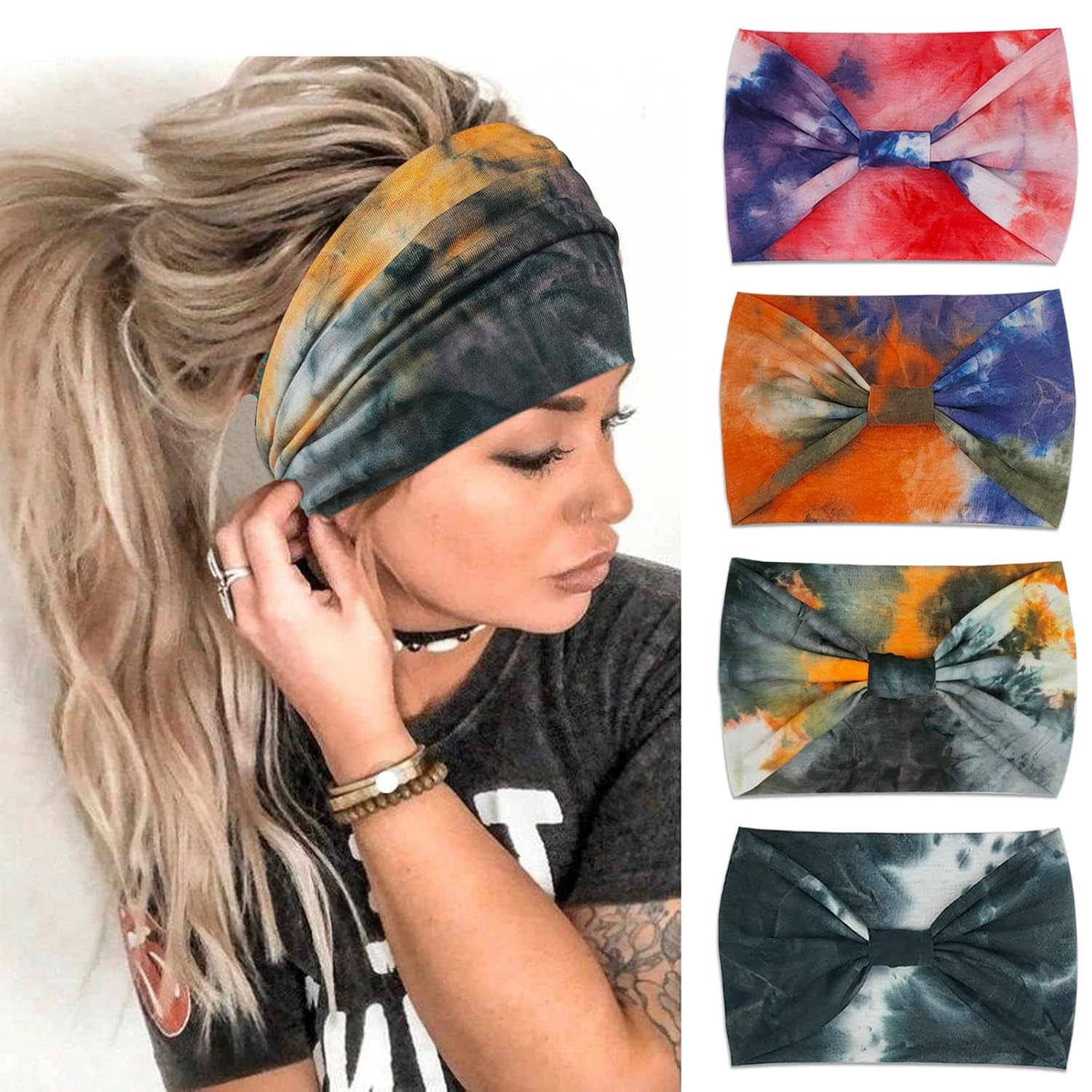 YONUF Wide Boho Headbands for Women Fashion Knotted Headband Yoga Workout Hair Accessories African Head Wrap Orange Tie Dye 4 Pack