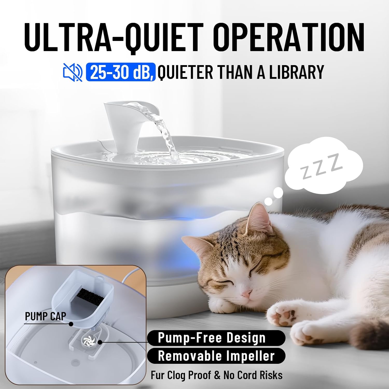 Veken Cat Water Fountain with Detachable Tank, Easy to Clean & Assemble, 85oz/2.5L Pet Drinking Dispenser with Quiet Operation & LED Light, Cats, Dogs and Small Pets, White - Image 2
