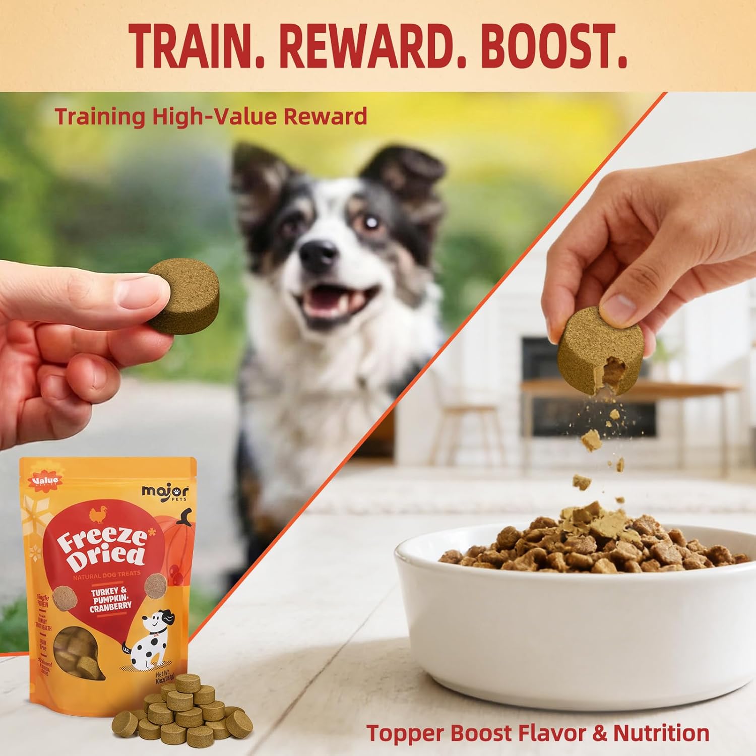 MAJOR PETS Freeze Dried Turkey Dog Treats with Pumpkin & Cranberry, Limited Ingredient High Protein Snacks for Digestive & Urinary Health, Grain Free, Training Reward & Meal Topper, Made in USA, 10oz - Image 3