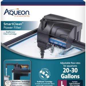 Aqueon SmartClean Power Filter with EcoRenew Filter Cartridge, Quick and Easy Water Changes, Quiet Operation, Adjustable Flow, for 20-30 Gallon Freshwater and Saltwater Aquariums, Large