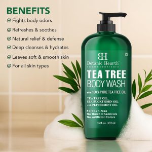 Botanic Hearth Tea Tree Body Wash, 16 Fl Oz (473 ml) | Enriched With Tea Tree Oil, Peppermint & Sea Buckthorn | Gently Cleanses, Refreshes & Nourishes Skin | Sulfate & Paraben Free | For Men & Women