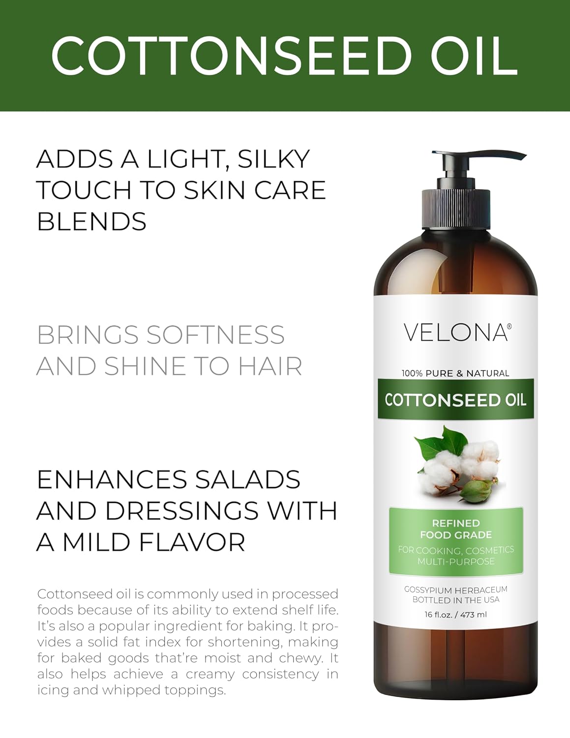 velona Cotton Seed Oil - 8 fl oz, Cold Pressed, Refined, with Pump - Image 3