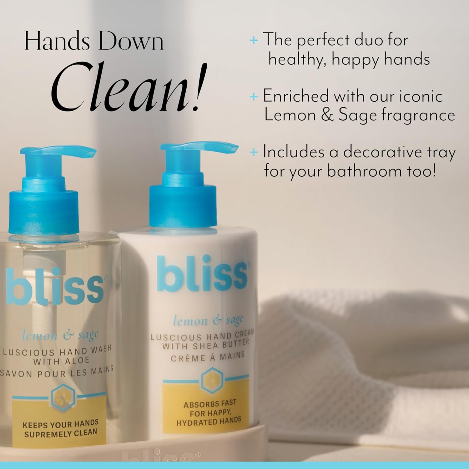 Bliss Lemon & Sage Happy Hands Duo | Hydrating Hand Wash & Nourishing Hand Cream Set with Decorative Tray - Image 3