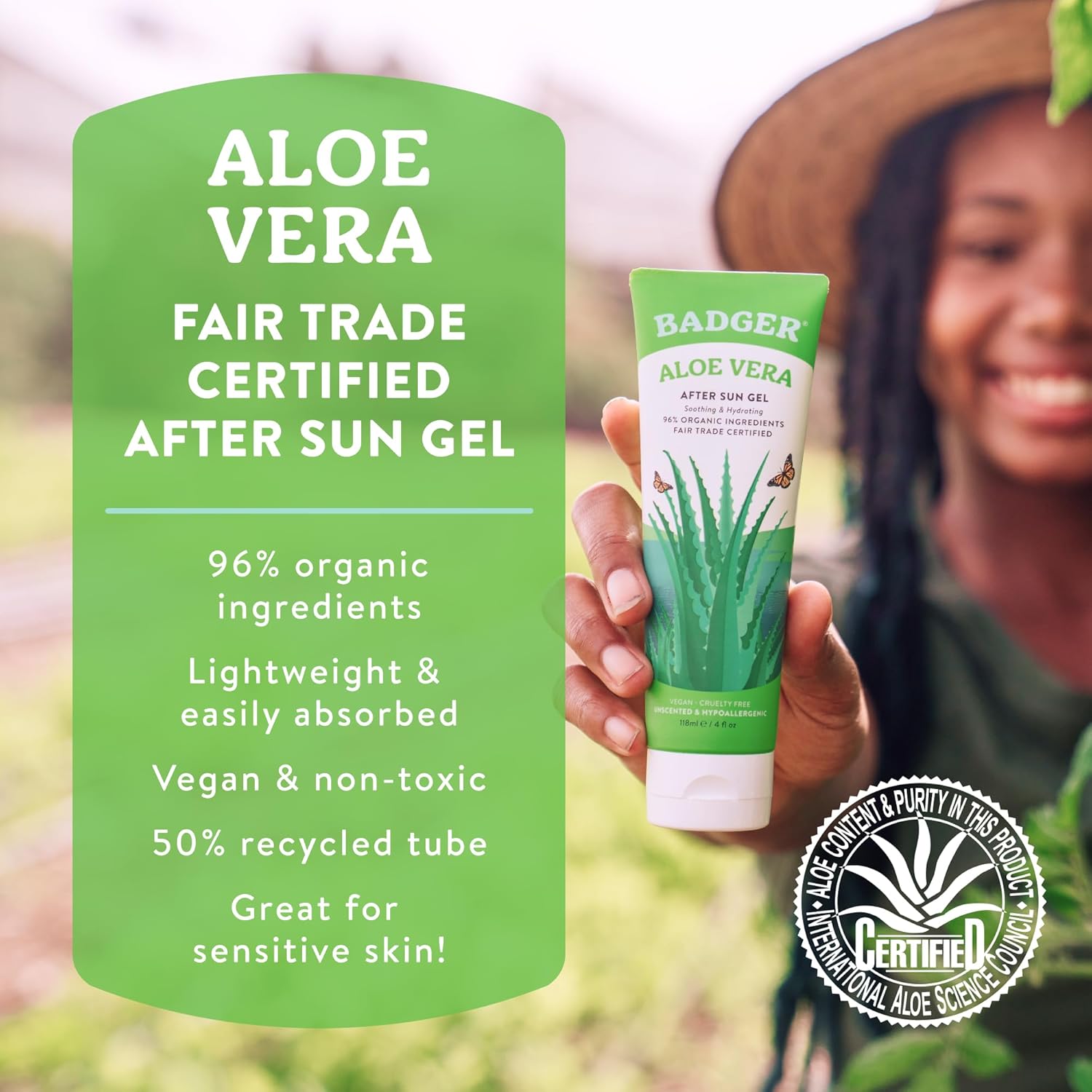 Badger Organic Aloe Vera Gel for Face & Body, 96% Pure Unscented Organic Aloe Gel for Cooling, Soothing, Non-Sticky Sunburn Relief, Vegan, Fair Trade & Hypoallergenic, 4 fl oz, 2-Pack