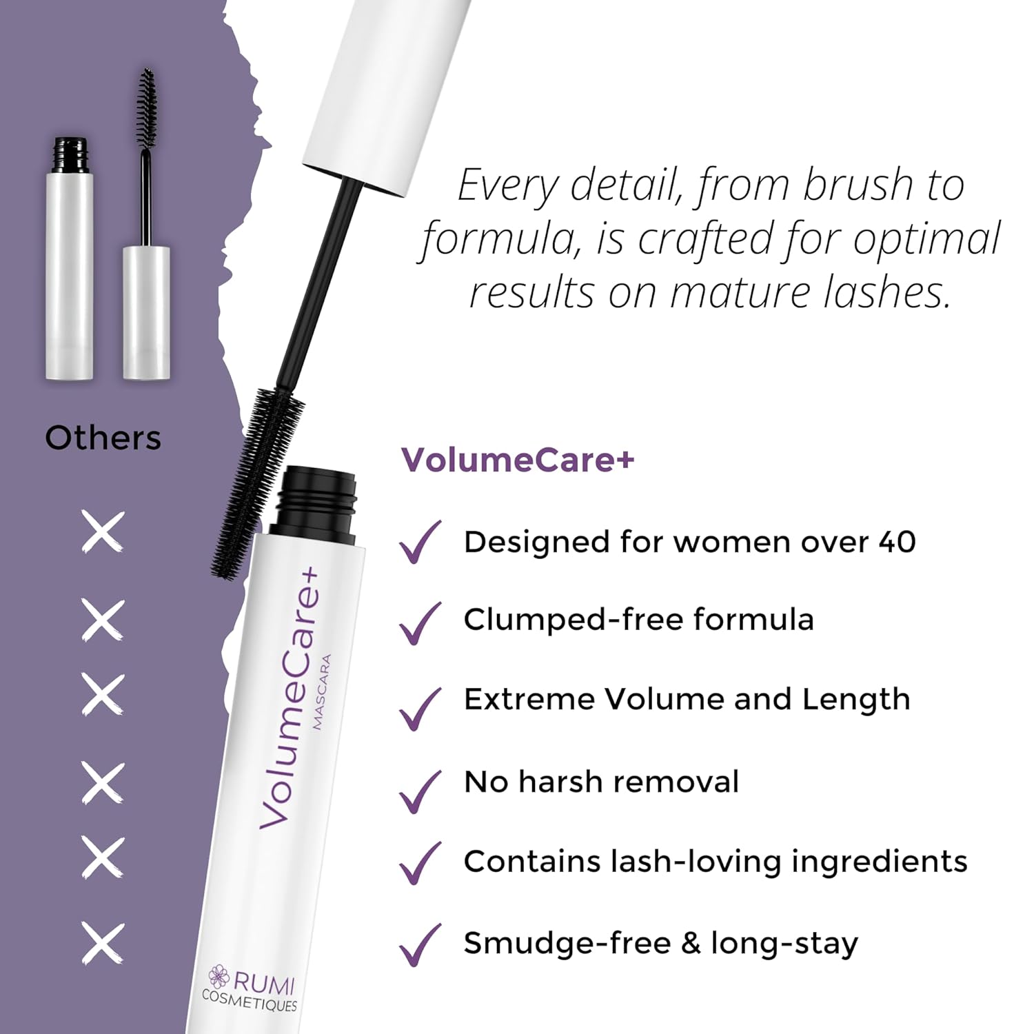 Rumi Cosmetiques VolumeCare+ Mascara For Mature Women - Extreme Length and Volume 2-in-1 Formula - No Clumps or Flaking, Long-Wearing, Hypoallergenic Mascara For Sensitive Eyes (Dark Brown) - Image 2