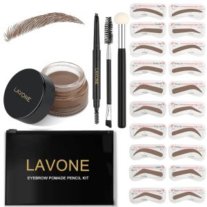 LAVONE Eyebrow Stamp Stencil Kit, Brow Stamp Trio Kit with Waterproof Eyebrow Pencil, Pomade, 20 Eyebrow Stencils, Dual-ended Eyebrow Brush and Sponge Applicator - Brown