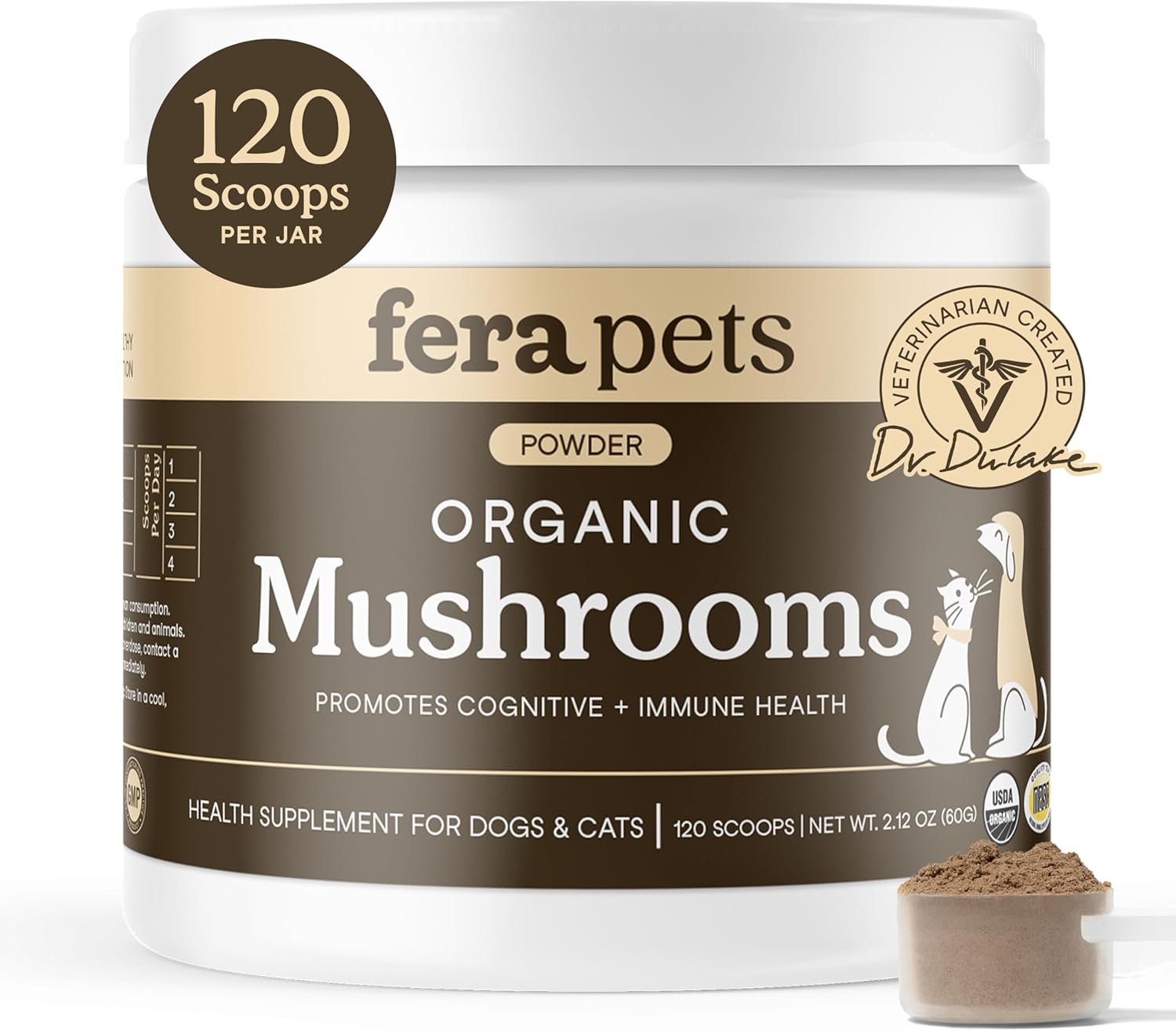 Fera Pets Mushroom Supplement for Dogs & Cats with Turkey Tail, 120 Scoops