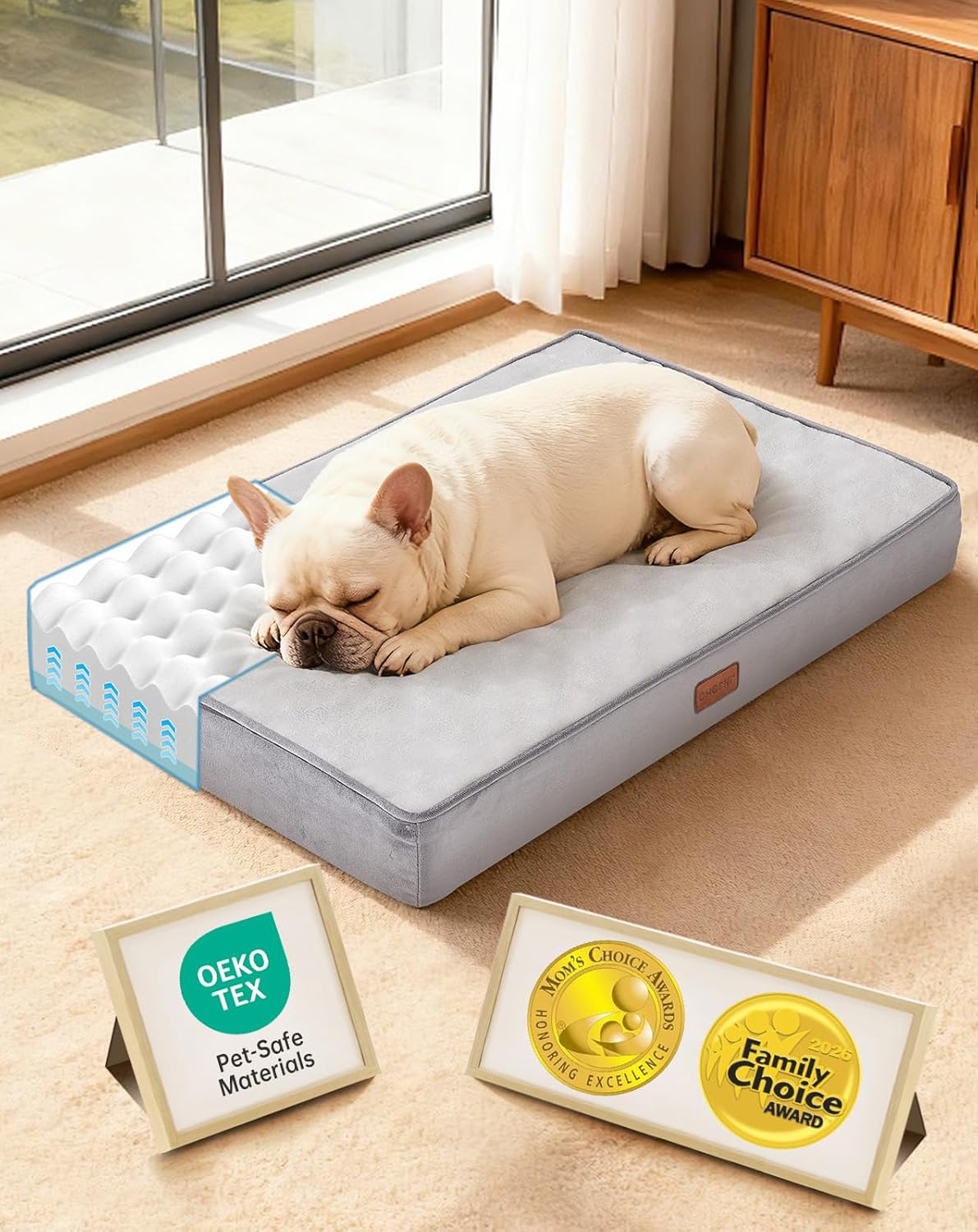 OhGeni Orthopedic Waterproof Dog Bed for Medium Dogs, Machine-Washable Removable Cover in Easy-Clean Fabric, Reversible Memory Foam & Easy-Carry Handle, Suitable for Crate, 30 inch (Gray)