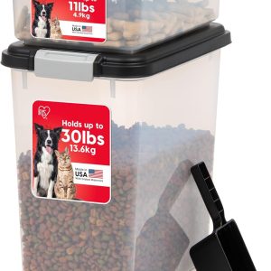 IRIS USA Dog Food Storage Container 30 lb + 11lb Airtight Combo, Stackable Pet Food Storage Bin with Wheels for Cat Dog Food, BPA Free, Made in USA, Black