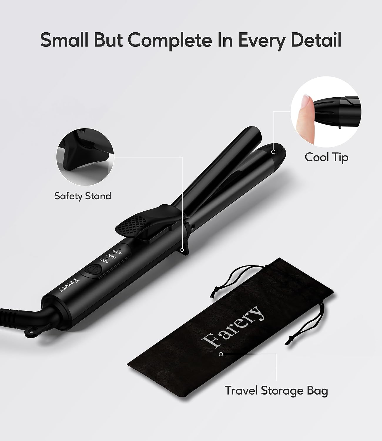 FARERY Travel Curling Iron Dual Voltage, 3/4 Inch Barrel | with 3 Adjustable Temp, Auto-Off, Ceramic Mini Curling Iron, Argan Oil & Keratin Infused, with StorageBag, Black - Image 2