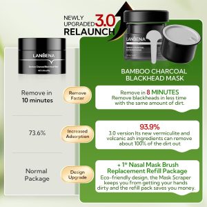 LANBENA 3.0 Bamboo Charcoal Nose Pore Strips, UPGRADED Blackhead Remover Mask for Stubborn Blackheads, Dirts, Whiteheads, Oil and More, Face Pore Purifying Cleansing, Aloe Vera, Volcanic Ash