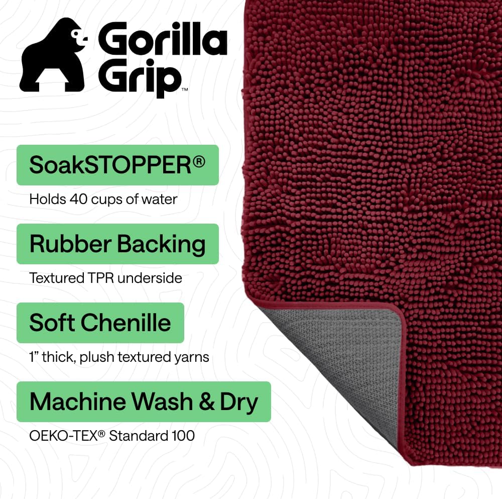 GORILLA GRIP SoakSTOPPER Dog Door Mat, 48x30 Machine Washable Rug Absorbent Doormat Captures Moisture Mud Dirt, Quick Dry Soft Chenille Entryway Rugs Indoor Entrance Mats for Dog Paws, Burgundy - Image 2