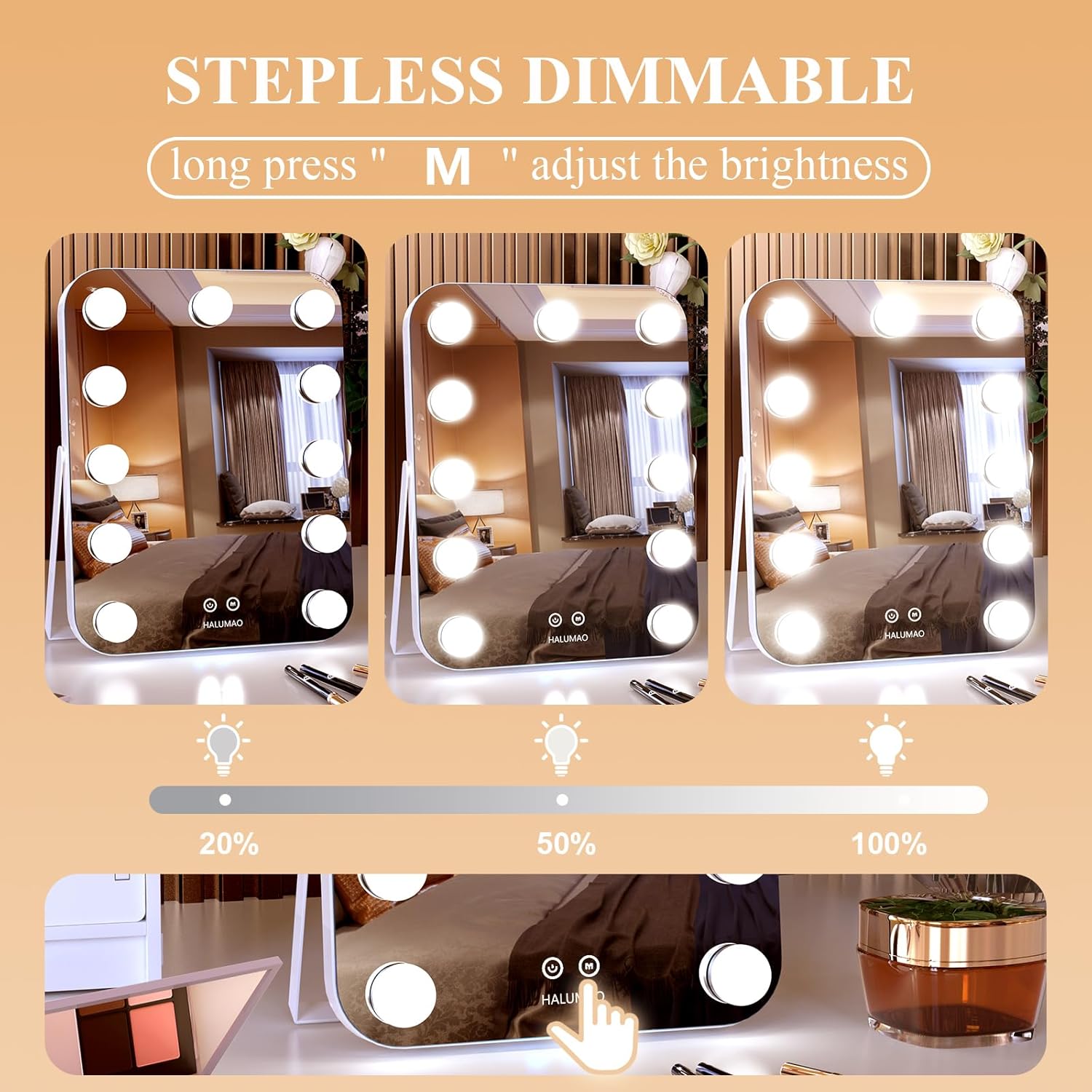 halumao 14.6" Vanity/Makeup Mirror with Lights, Hollywood Mirror with 11 Dimmable LED Bulbs,3 Color Modes,Touch Control - Image 2