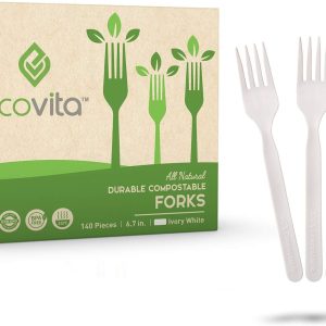 100% Compostable Forks - 140 Large Disposable Utensils (7 in.) Eco Friendly Durable and Heat Resistant Alternative to Plastic Forks with Convenient Tray by Ecovita