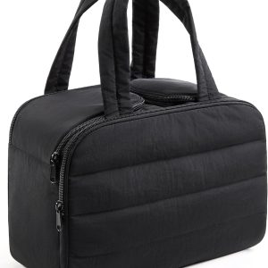 LIGHT FLIGHT Travel Toiletry Bag, Quilted Travel Makeup Cosmetic Bag Organizer, Toiletry Bags for Traveling Women, Make up Bag with Handle, Black