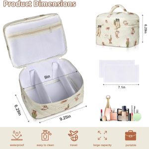 Gosect Makeup bag, Large Cosmetic Bag for Women Girls, Cute Quilted Makeup Bags, Floral Coquette Aesthetic Toiletry Bag, Travel Make Up Organizer Bag (Bear)