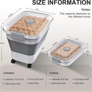 Dog Food Storage Container, 15-23 Lbs Collapsible Dog Food Container with Transparent Airtight Lid, Wheels and Scoop, Travel Pet Food Storage Container for Cat, Dog and Bird, Keep Dry Food Fresh