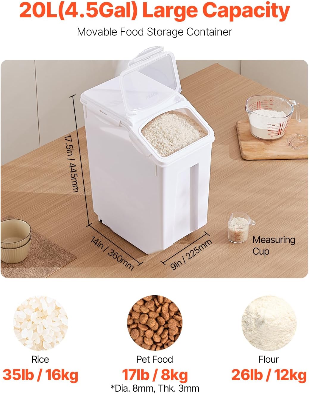 VEVOR Rice Storage Container, 4.5Gallon/20L Capacity Large Dog Food Dispenser Bin, Kitchen Ingredient Grain Cereal Flour Bin, Pet food Containers with Wheels, Measuring Cup, Airtight Lid, 1 Pack - Image 3