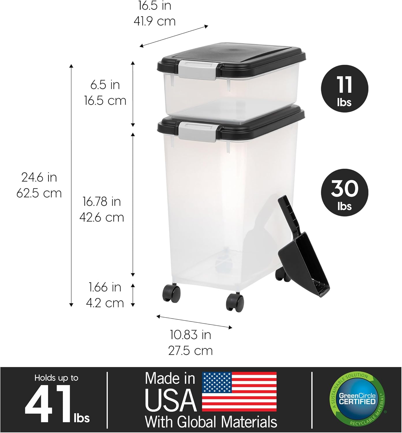 IRIS USA Dog Food Storage Container 30 lb + 11lb Airtight Combo, Stackable Pet Food Storage Bin with Wheels for Cat Dog Food, BPA Free, Made in USA, Black - Image 3