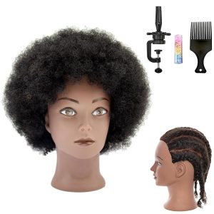 Afro Curly Mannequin Head Real Human Hair(10 inches) Training Manikin Head | Black For Manual Braiding Styling Practice Hairdresser School Manikin Head Curling Doll Head Training Head- with Clamp Stand