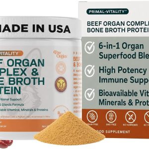 Paw Origins Primal-Vitality™ Beef Organ Complex & Bone Broth Powder for Dogs | High-Potency Grass-Fed Formula | 6 Organs | Natural Food Topper, 120 Servings