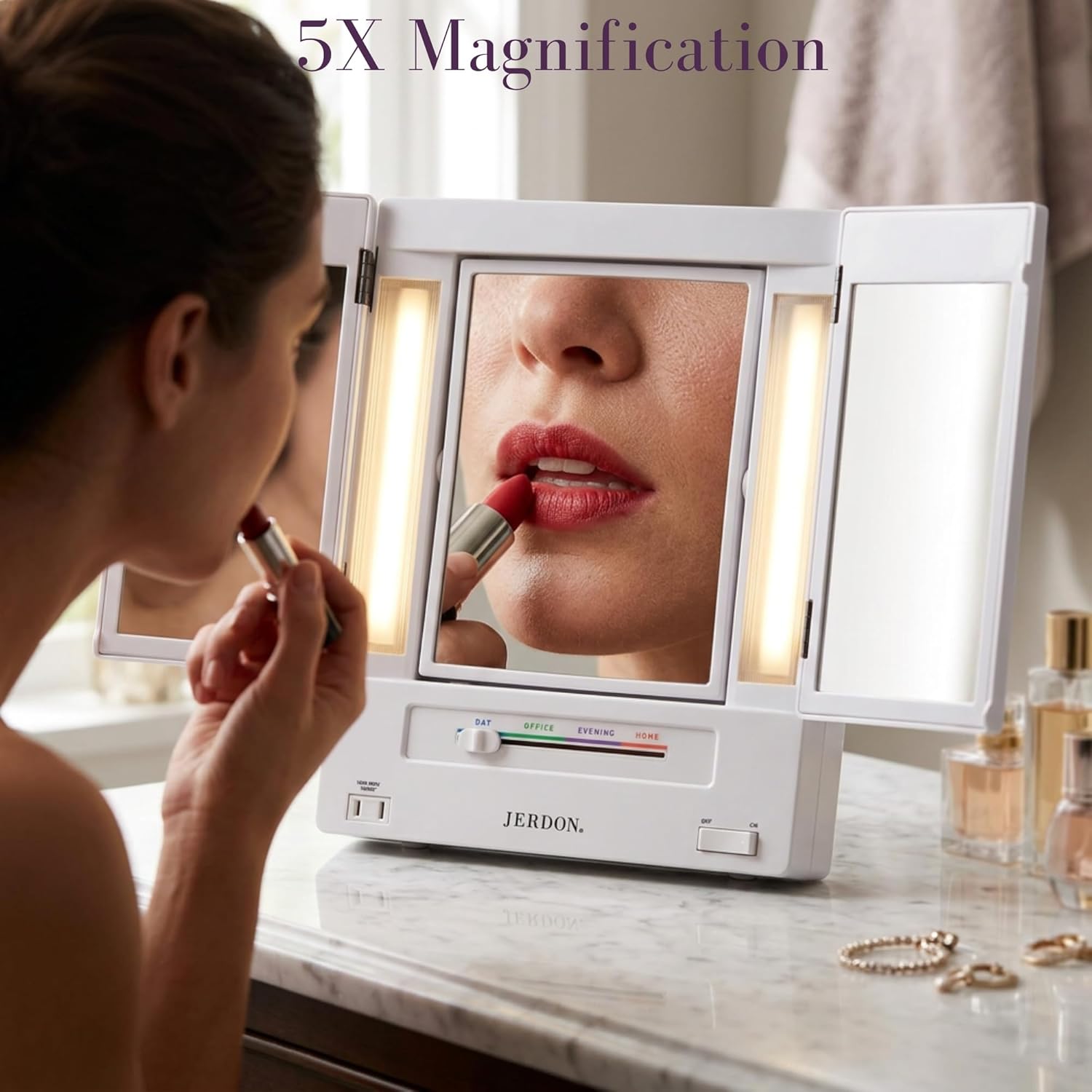 JERDON Tri-Fold Two-Sided Makeup Mirror with Lights - Vanity Mirror with 5X Magnification & Multiple Light Settings - White Base - Model JGL9W - Image 3