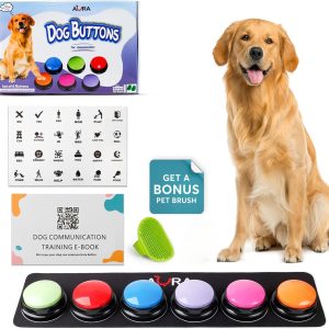 A-URA Dog Talking Buttons for Communication – 6 Recordable Dog Buttons with Anti-Slip Mat, Word Stickers, Training Guide & Video | Dog Communication Buttons for Potty Training, Daily Needs & Behavior