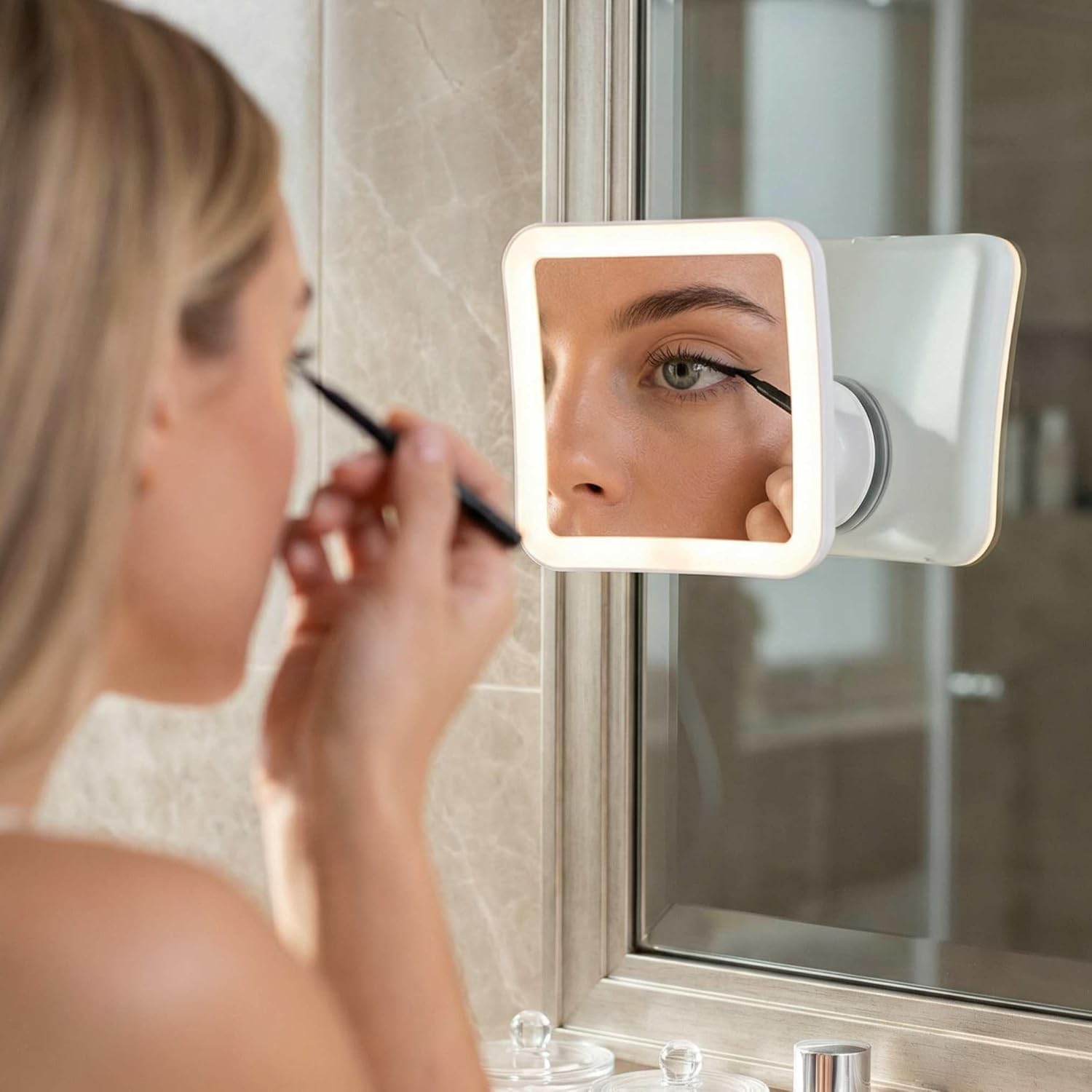 Fancii 10X Magnifying Lighted Makeup Mirror - Daylight LED Vanity Mirror - Compact, Cordless, Locking Suction, 6.5" Wide, 360 Rotation, Portable Illuminated Bathroom Mirror (Square) - Image 3
