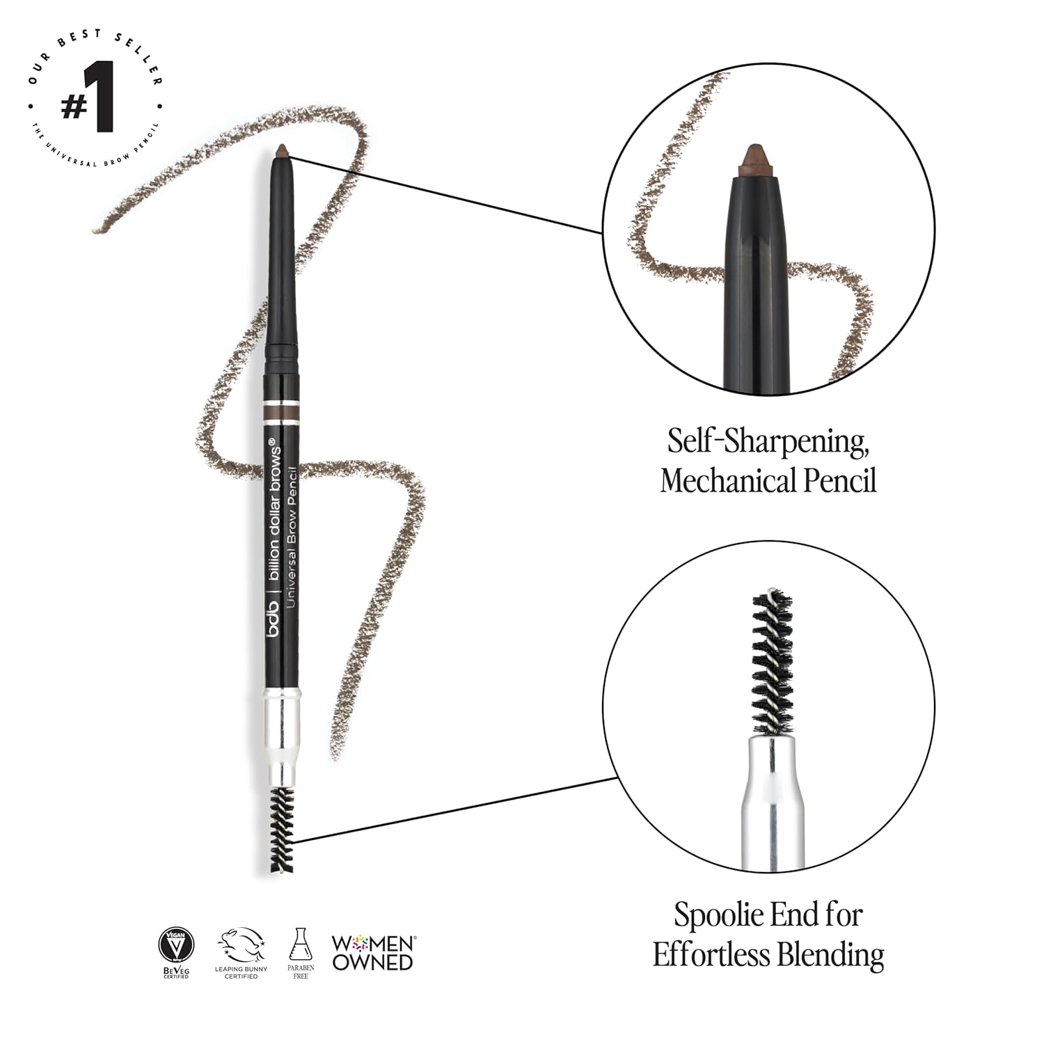 Billion Dollar Brows Universal Brow Pencil - Dual-Ended Retractable Eyebrow Pencil with Spoolie Brush - Waterproof Matte Pomade Formula - Vegan & Cruelty-Free Eye Makeup for All Hair Colors - Image 3