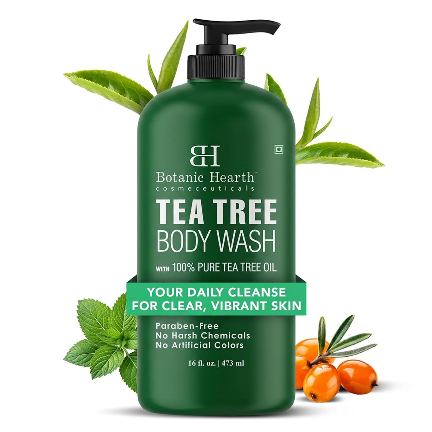 Botanic Hearth Tea Tree Body Wash, 16 Fl Oz (473 ml) | Enriched With Tea Tree Oil, Peppermint & Sea Buckthorn | Gently Cleanses, Refreshes & Nourishes Skin | Sulfate & Paraben Free | For Men & Women - Image 2