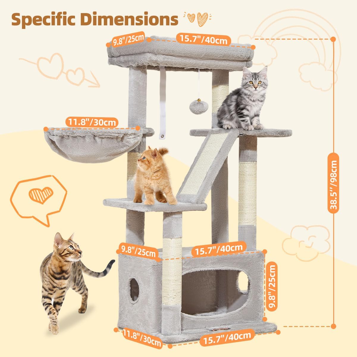 Taoqimiao Cat Tree,38.2-Inch Cat Tower for Indoor Cats,Suitable for Kittens with Luxurious cat condo with Adjustable Baskets and Luxurious Perch Light Gray MS029SW - Image 3